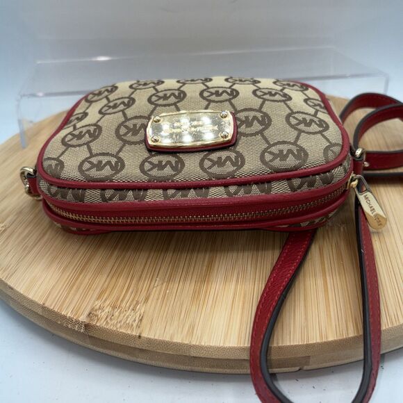 Michael Kors Tan Monogram Mini Crossbody Bag Red Leather Trim Chain Strap - Picture 8 of 12